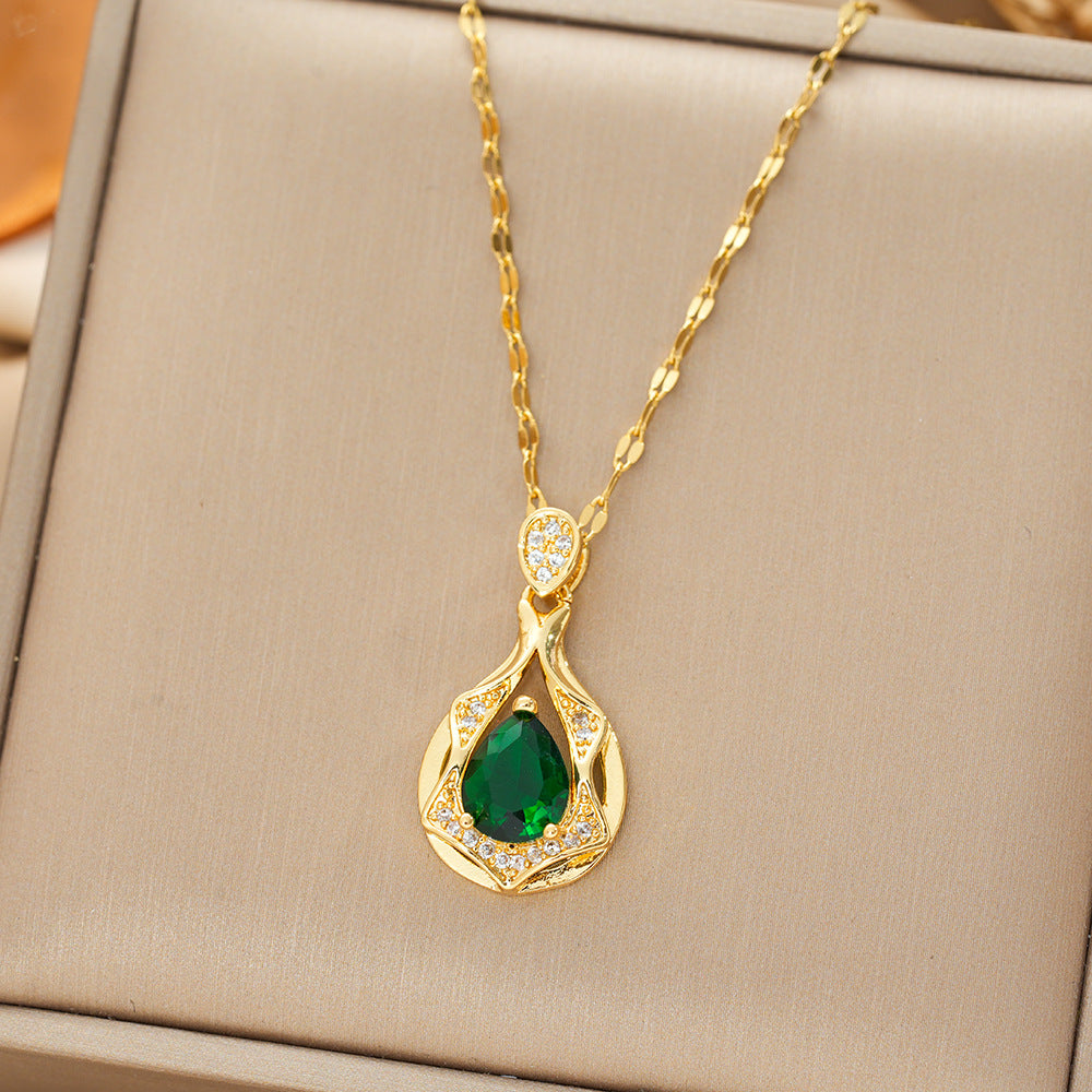 Collier Pendentif Goutte d'Eau en Émeraude Dorée