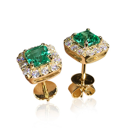 Boucles d'oreilles en or avec émeraude et halo carré