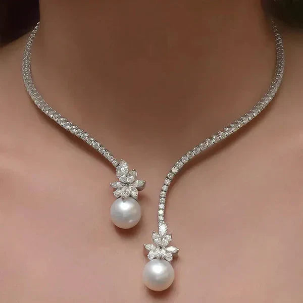 Offre 1+1 : Collier élégant brillant avec perles en argent + Bracelet en saphir blanc taille émeraude