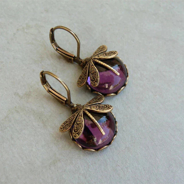 Boucles d'oreilles sphériques en libellule en or antique