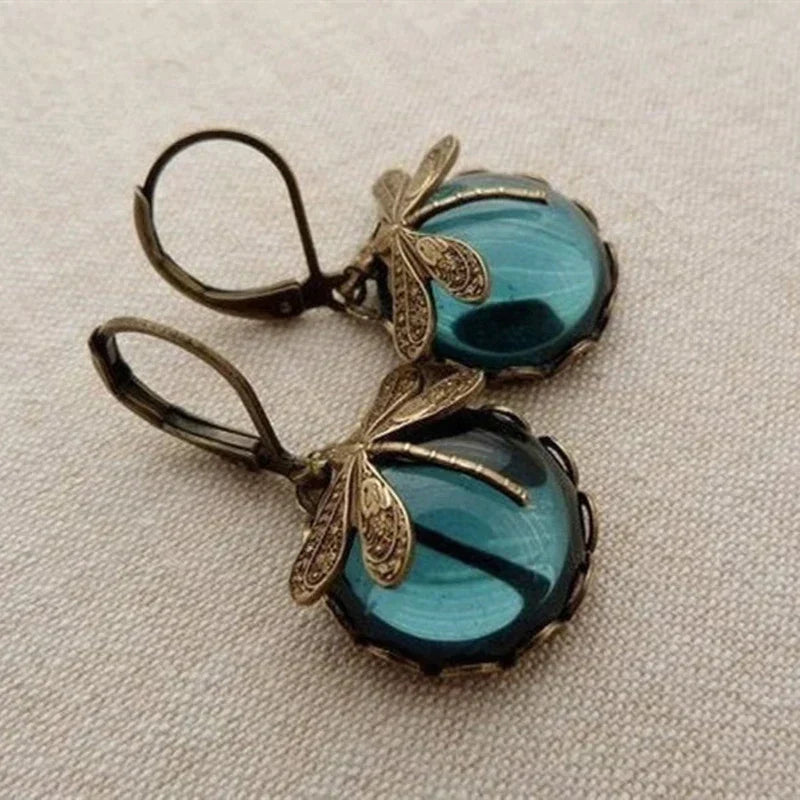 Boucles d'oreilles sphériques en libellule en or antique