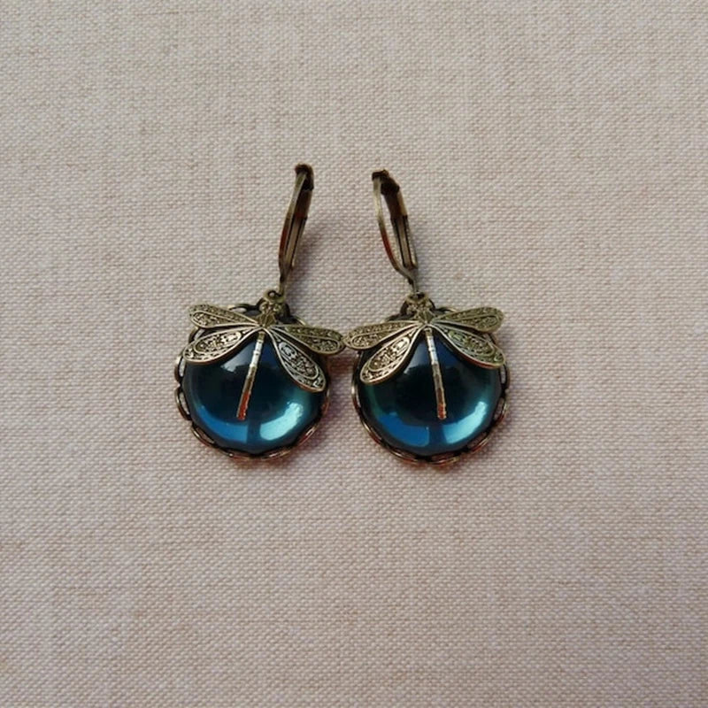 Boucles d'oreilles sphériques en libellule en or antique