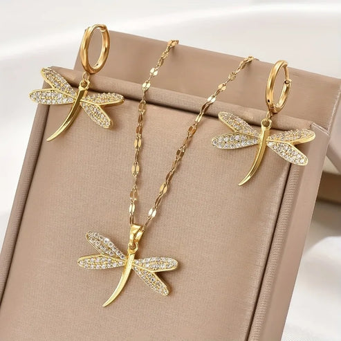 Collier de Bijoux Libellule en Or avec Boucles d'Oreilles Bonus