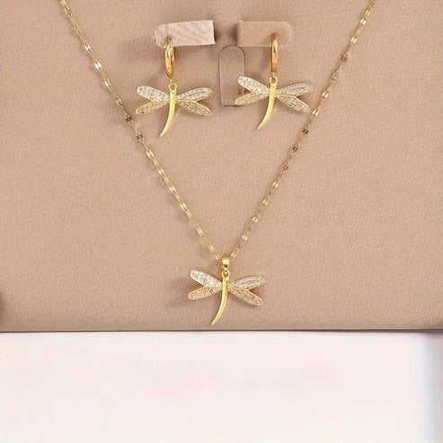 Collier en Bijoux Libellule Dorée avec Boucles d'Oreilles Bonus