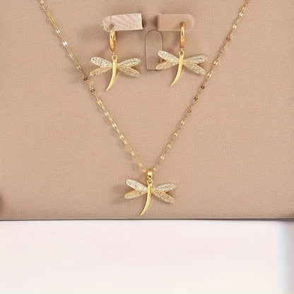Collier en Bijoux Libellule Dorée avec Boucles d'Oreilles Bonus