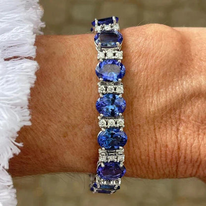 Offre 1+1 : Bracelet en Tanzanite Bleue Taille Ovale & Ronde + Bague de Mariage en Saphir Bleu Taille Ronde