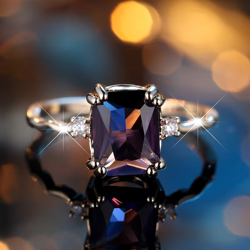 Bague en Argent avec Améthyste Taillée Émeraude