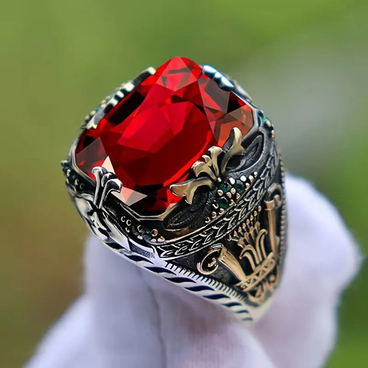 Bague Sceau Ornate en Argent et Rubis