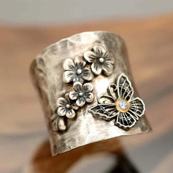 Bague Large Bande Fleur Abeille Papillon