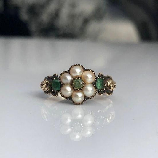 Bague Fleur Vintage Verte en Perles
