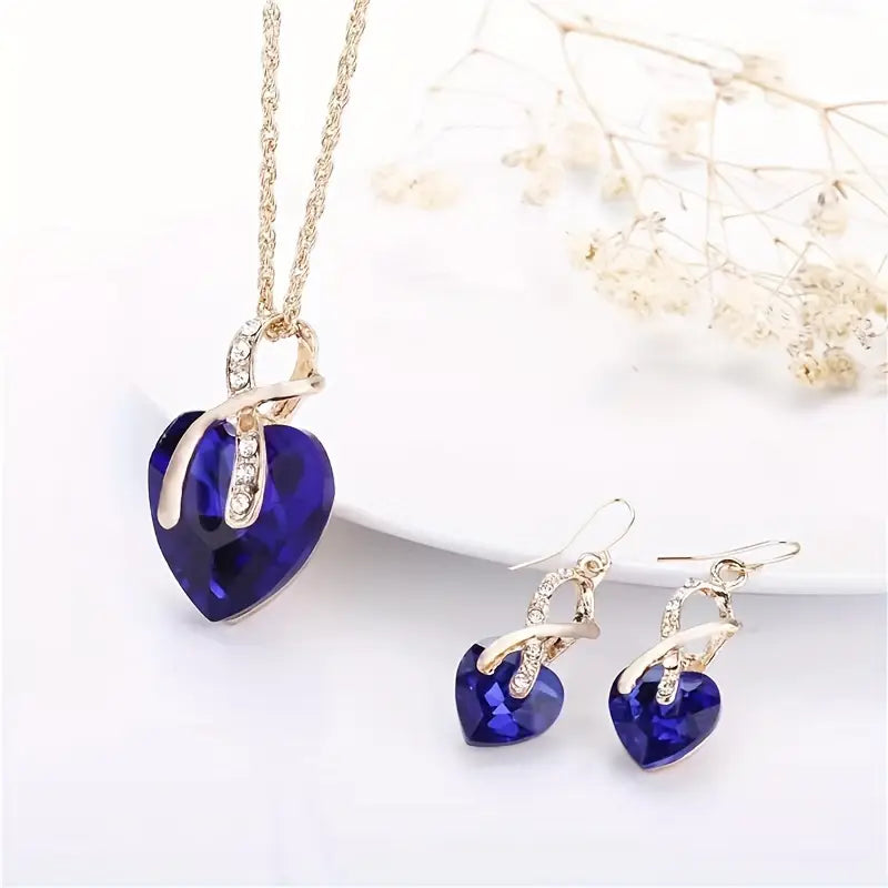 Collier et Boucles d'Oreilles en Saphir Doré en Forme de Cœur