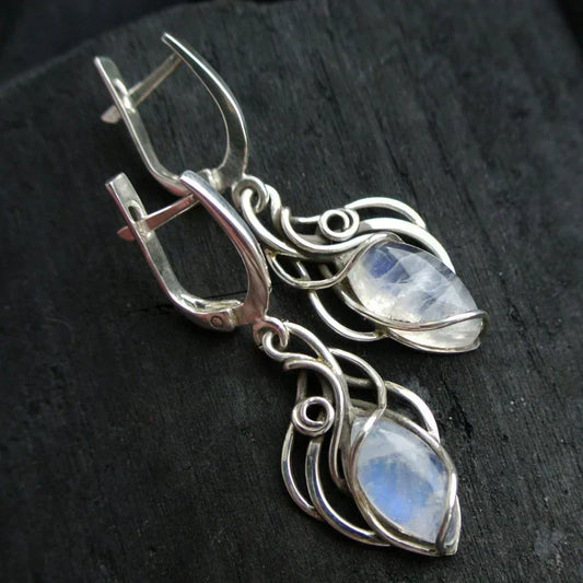 Boucles d'Oreilles Pendantes en Opale Blanche Vintage