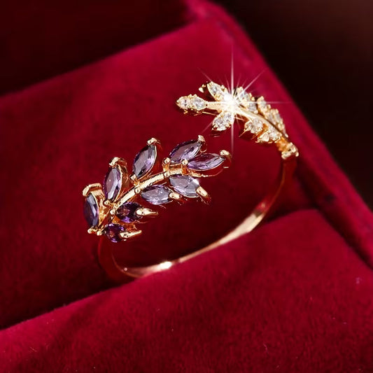 Bague en Or et Améthyste en Forme de Feuille