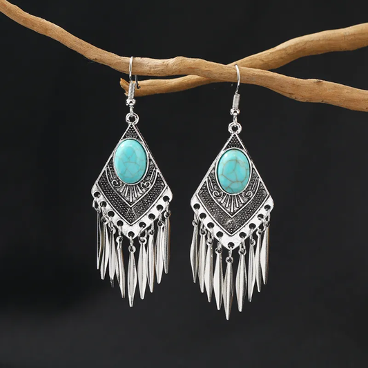 Boucles d'oreilles vintage en turquoise avec franges