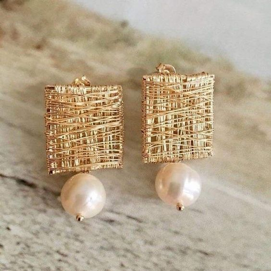 Boucles d'oreilles Vintage en fils dorés avec perles
