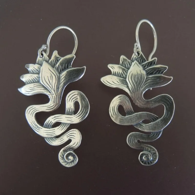 Boucles d'oreilles serpent floral vintage en argent sterling