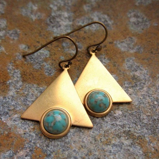 Boucles d'oreilles Triangle d'Or avec Pierres Turquoise Vintage