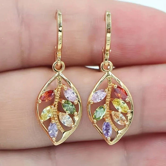 Boucles d'Oreilles Vintage en Cristal Multicolore en Forme de Feuille