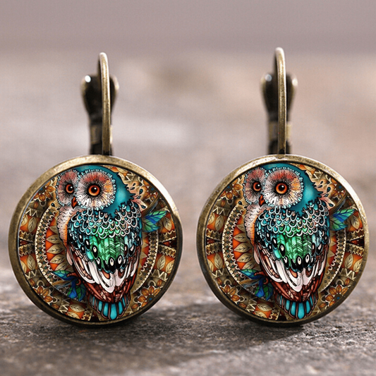 Boucles d'oreilles Hibou en Cristal Ronde Vintage