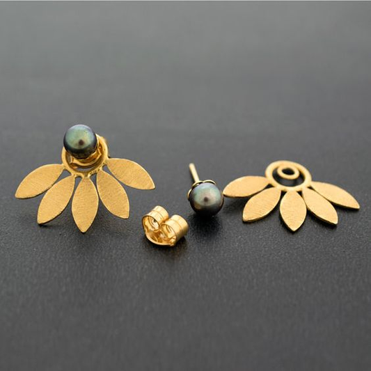 Boucles d'oreilles vintage en perles sombres avec feuilles dorées