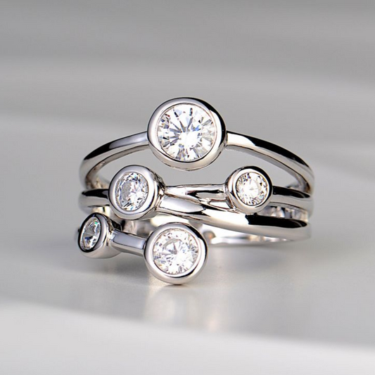 Bague en Zirconium Superposée Argentée Vintage