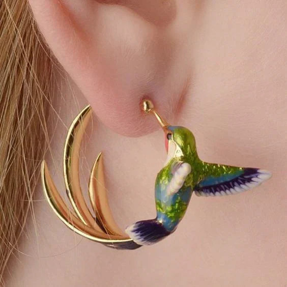 Offre 1+1 : Boucles d'oreilles créoles en émail vintage avec colibri + Bague en opale verte naturelle