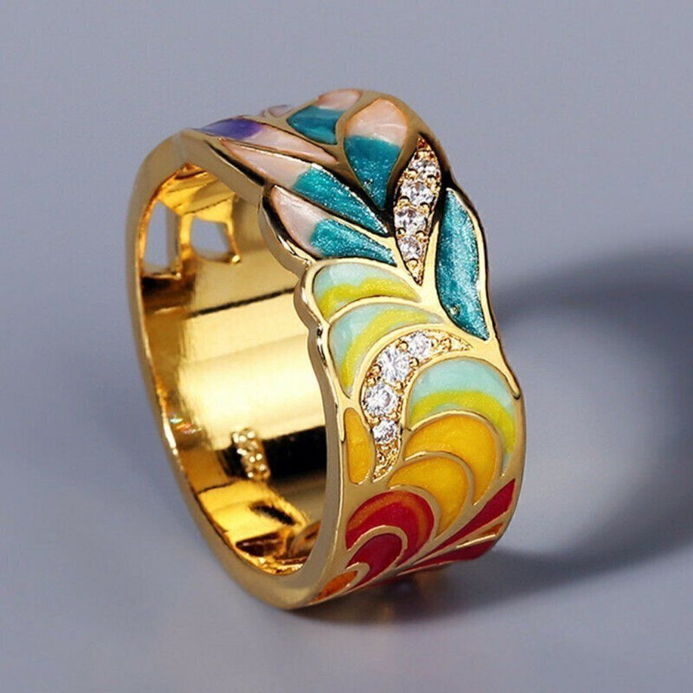 Bague florale peinte à la main en or vintage