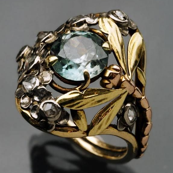 Bague Florale avec Cristal Bleu en Or Vintage