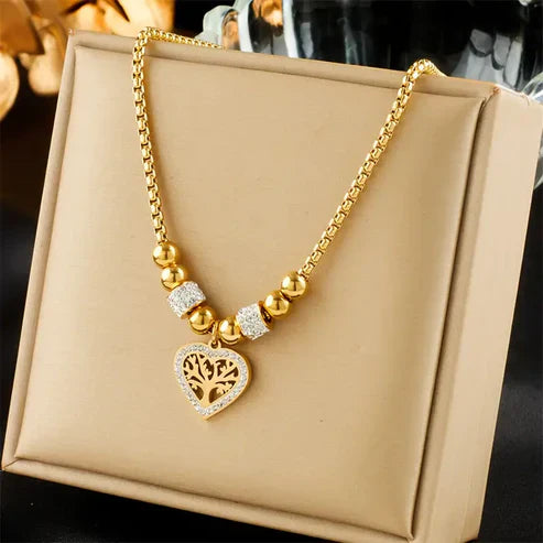 Collier en cœur doré en zirconia Arbre de Vie