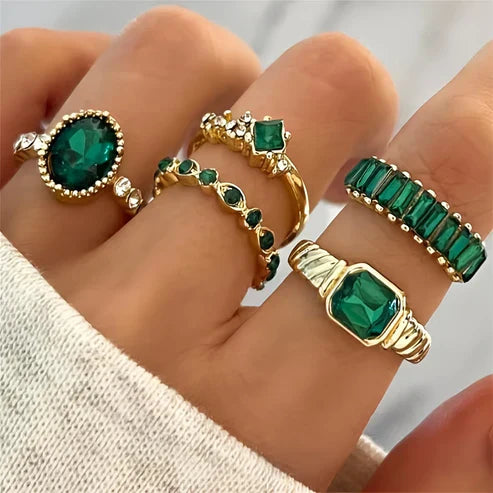 Ensemble de Bagues Vert Doré Brillant
