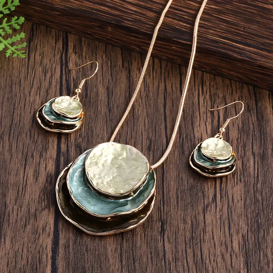 Ensemble de Pierres Superposées Vintage Bleu (Collier + Boucles d'Oreilles)