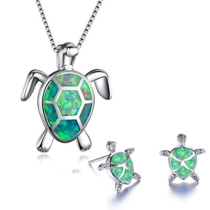 Collier et Boucles d'Oreilles Tortue de Mer en Opale et Argent