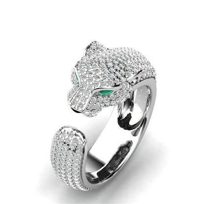 Bague Jaguar Ajustable en Argent 18K et Or Rose 18K avec Yeux en Zirconia Vert
