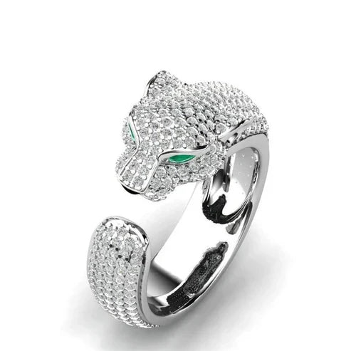 Bague Jaguar Ajustable avec des Yeux en Zirconia Verte