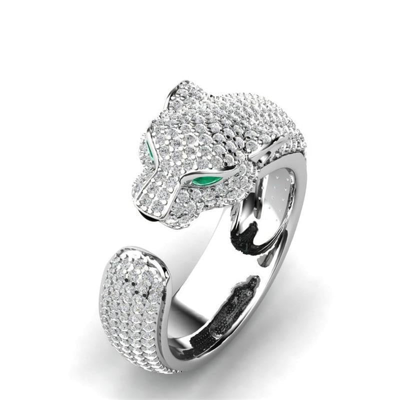 Bague Jaguar Ajustable en Argent 18K et Or Rose 18K avec Yeux en Zirconia Vert