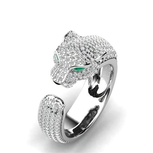 Bague Jaguar Ajustable en Argent 18K et Or Rose 18K avec Yeux en Zirconia Vert