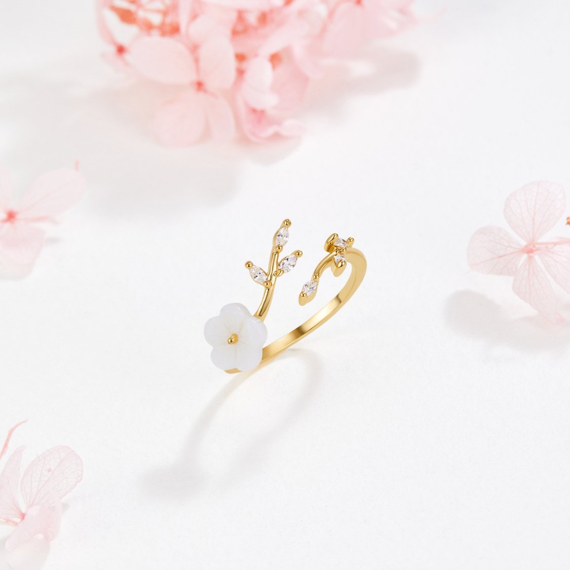 Bague Ouverte en Or avec Motif Floral et Feuilles