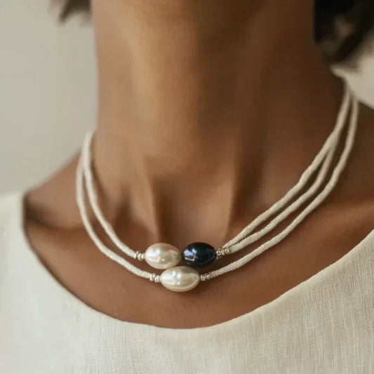 Collier Vintage en Perles Noires et Blanches